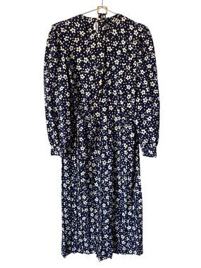 Vintage Schrader Midi Dress Size 6 Floral Pleated Skirt Navy Extra Buttons NEW